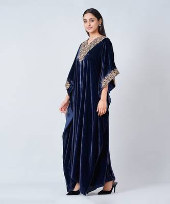 Blue Embroidered Silk Velvet Full Length Kaftan 2