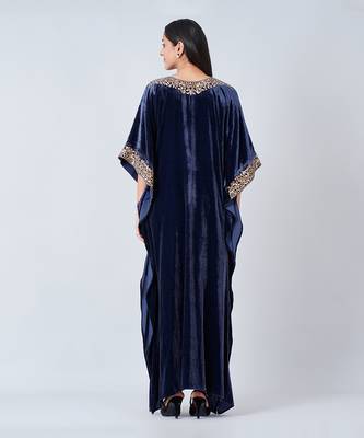 Blue Embroidered Silk Velvet Full Length Kaftan 3