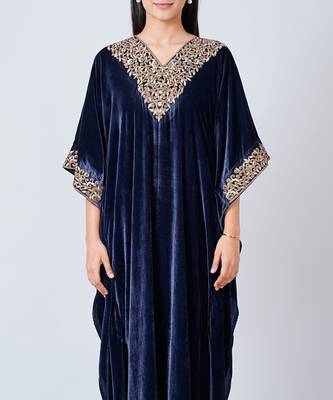 Blue Embroidered Silk Velvet Full Length Kaftan 4