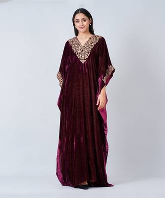 Maroon Embroidered Silk Velvet Full Length Kaftan 1