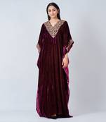 Maroon Embroidered Silk Velvet Full Length Kaftan