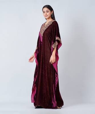 Maroon Embroidered Silk Velvet Full Length Kaftan 2