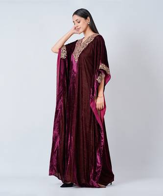 Maroon Embroidered Silk Velvet Full Length Kaftan 3