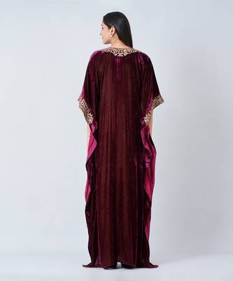 Maroon Embroidered Silk Velvet Full Length Kaftan 4