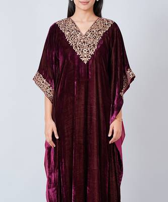 Maroon Embroidered Silk Velvet Full Length Kaftan 5