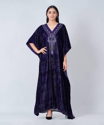 Purple Crystal Embellished Silk Velvet Full Length Kaftan 1