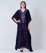 Purple Crystal Embellished Silk Velvet Full Length Kaftan
