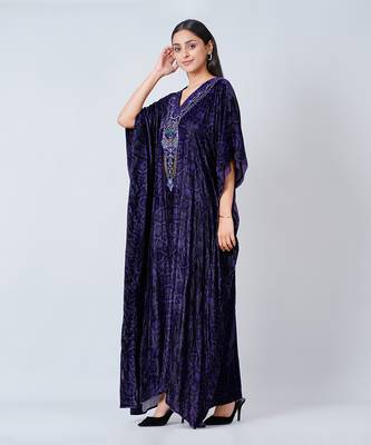 Purple Crystal Embellished Silk Velvet Full Length Kaftan 2
