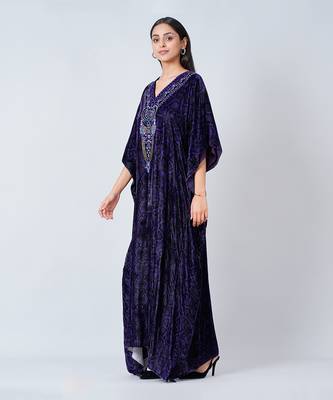 Purple Crystal Embellished Silk Velvet Full Length Kaftan 3