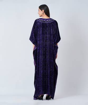 Purple Crystal Embellished Silk Velvet Full Length Kaftan 4