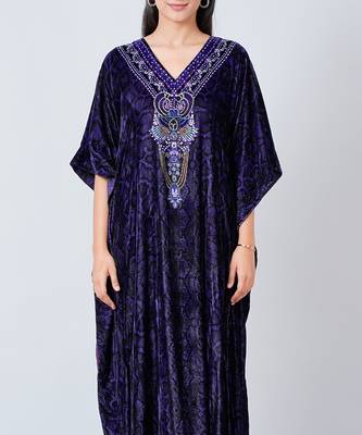Purple Crystal Embellished Silk Velvet Full Length Kaftan 5