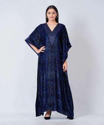 Blue Animal Print Embellished Silk Velvet Full Length Kaftan 2
