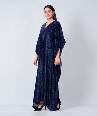 Blue Animal Print Embellished Silk Velvet Full Length Kaftan 3