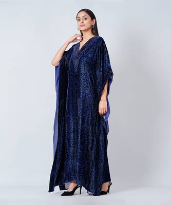 Blue Animal Print Embellished Silk Velvet Full Length Kaftan 4