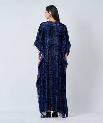 Blue Animal Print Embellished Silk Velvet Full Length Kaftan 5