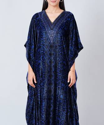 Blue Animal Print Embellished Silk Velvet Full Length Kaftan 6