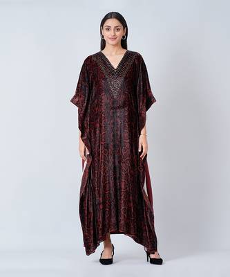 Brown Animal Print Embellished Silk Velvet Full Length Kaftan 1