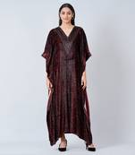 Brown Animal Print Embellished Silk Velvet Full Length Kaftan