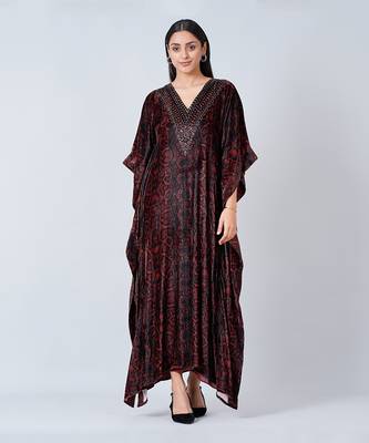 Brown Animal Print Embellished Silk Velvet Full Length Kaftan 2
