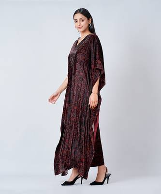 Brown Animal Print Embellished Silk Velvet Full Length Kaftan 3