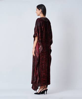 Brown Animal Print Embellished Silk Velvet Full Length Kaftan 4