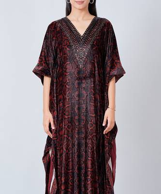 Brown Animal Print Embellished Silk Velvet Full Length Kaftan 5