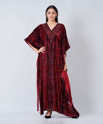 Red Animal Print Embellished Silk Velvet Full Length Kaftan 1