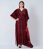 Red Animal Print Embellished Silk Velvet Full Length Kaftan