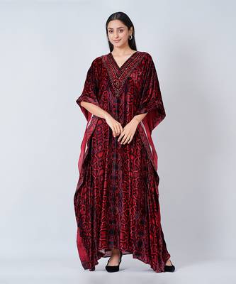 Red Animal Print Embellished Silk Velvet Full Length Kaftan 2