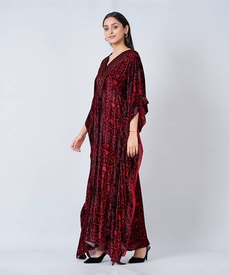 Red Animal Print Embellished Silk Velvet Full Length Kaftan 3