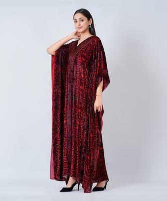 Red Animal Print Embellished Silk Velvet Full Length Kaftan 4