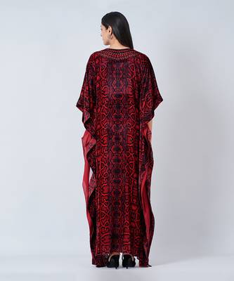 Red Animal Print Embellished Silk Velvet Full Length Kaftan 5