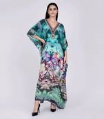 Multicoloured Embellished Silk Full Length Kaftan