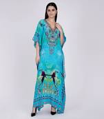 Blue Embellished Silk Full Length Kaftan