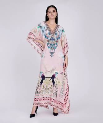 Pink Embellished Silk Full Length Kaftan 2
