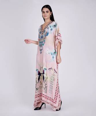 Pink Embellished Silk Full Length Kaftan 3