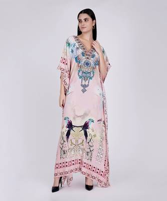 Pink Embellished Silk Full Length Kaftan 1