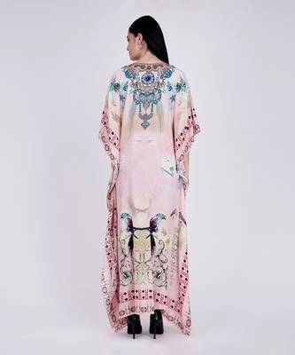 Pink Embellished Silk Full Length Kaftan 4