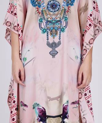 Pink Embellished Silk Full Length Kaftan 5