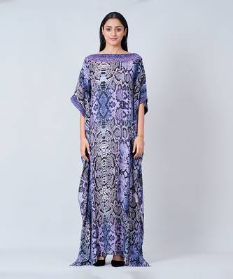 Blue Animal Print Embroidered Full Length Kaftan 1