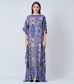 Blue Animal Print Embroidered Full Length Kaftan