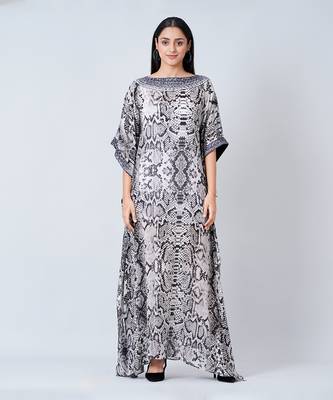 Grey Animal Print Embroidered Full Length Kaftan 1