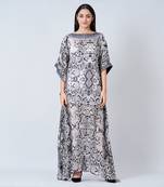 Grey Animal Print Embroidered Full Length Kaftan