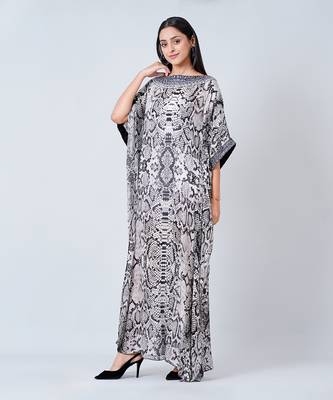 Grey Animal Print Embroidered Full Length Kaftan 2