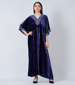 Blue Hand Embroidered Silk Velvet Full Length Kaftan
