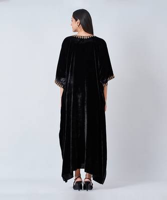 Black Gold Embroidered Silk Velvet Full Length Kaftan 5