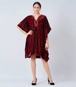 Red Hand Embroidered Animal Print Silk Velvet Kaftan Tunic