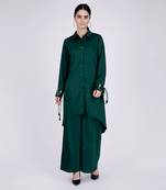 Bottle Green Sequinned Shirt Dress And Wide Leg Pants