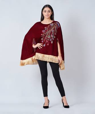 Maroon Floral Sequinned Velvet Poncho With Golden Fringe 1