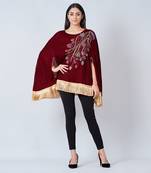 Maroon Floral Sequinned Velvet Poncho With Golden Fringe